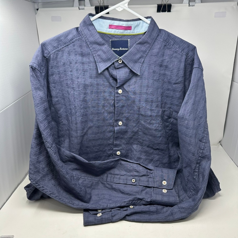 Tommy Bahama Button Up Men XL Blue T312685 Linen Blend Long Sleeve Slub Shirt